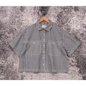 The Great Top 2 Womens Boxy Poplin Striped Collared Button Down Shirt